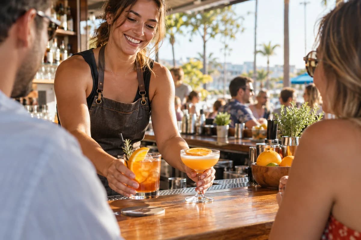 Bartender serving citrus cocktails to guests at a sunny neighborhood bar