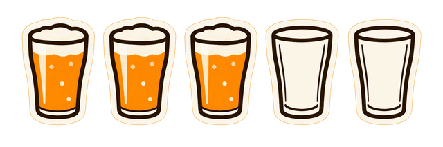 3 out of 5 beers: three full glasses and two empty glasses