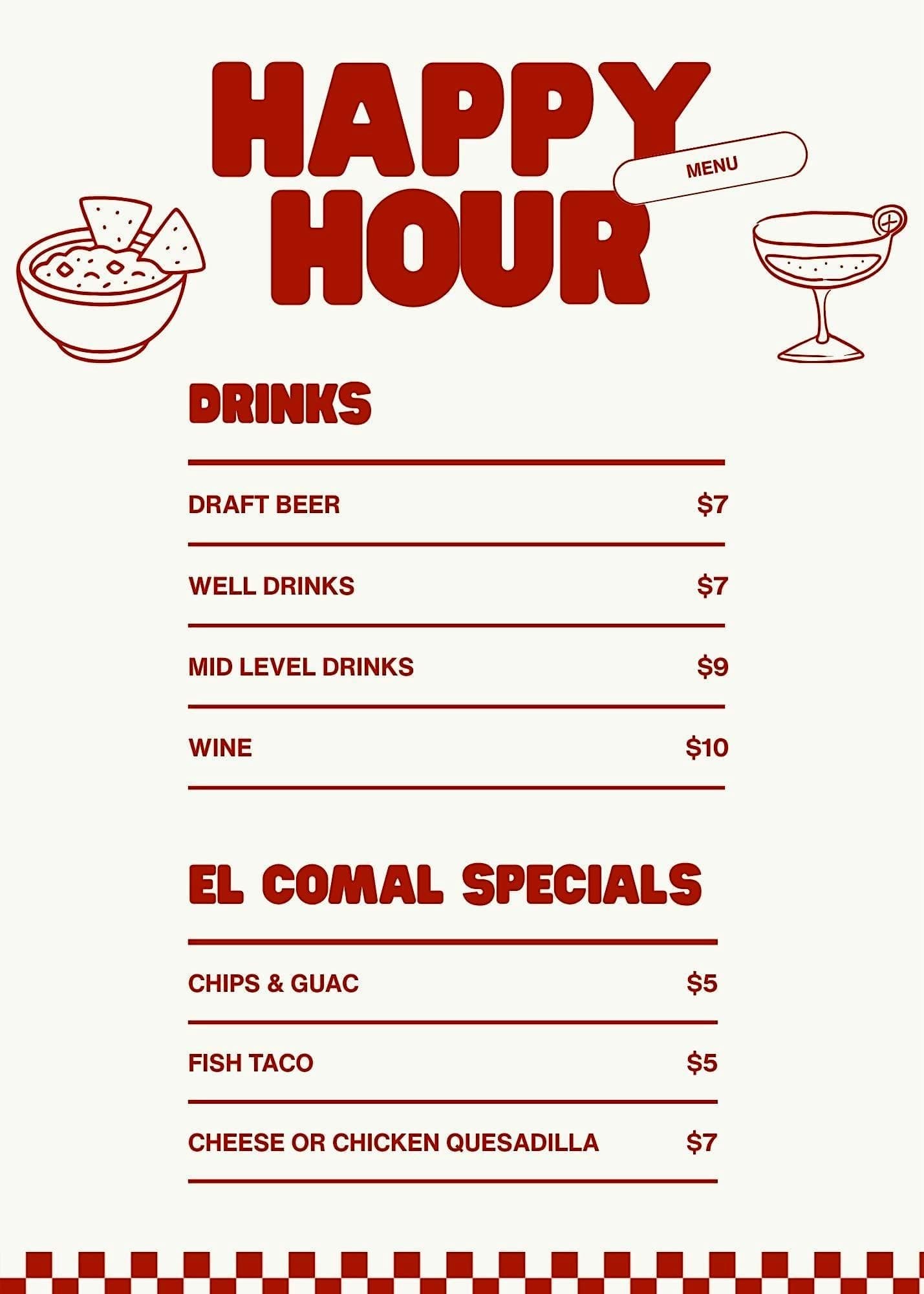 Quartyard September 23 trivia happy hour menu: $7 draft beer, $7 well drinks, $9 mid-level drinks, $10 wine; $5 chips & guac, $5 fish taco, $7 cheese or chicken quesadilla.